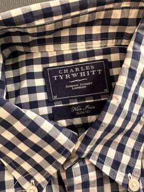 Charles Tyrwhitt Weekend Shirt Medium Slim Fit Navy Blue White Gingham Non-Iron